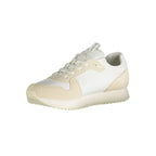White Calvin Klein polyester men's sneaker with sleek design and lace-up closure, featuring the Calvin Klein logo.
