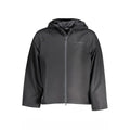 Calvin Klein men's black polyester jacket hanging on a hanger, front view showing sleek design and minimal branding.