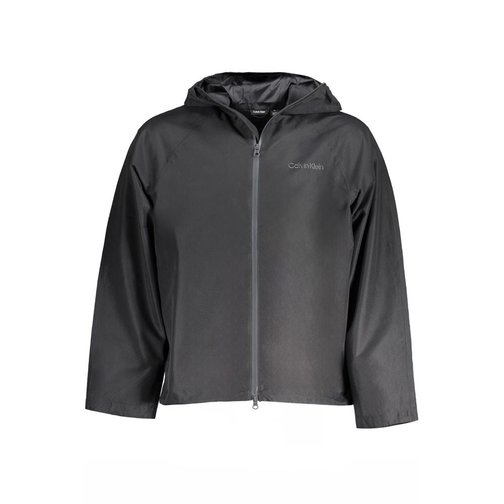 Calvin Klein men's black polyester jacket hanging on a hanger, front view showing sleek design and minimal branding.