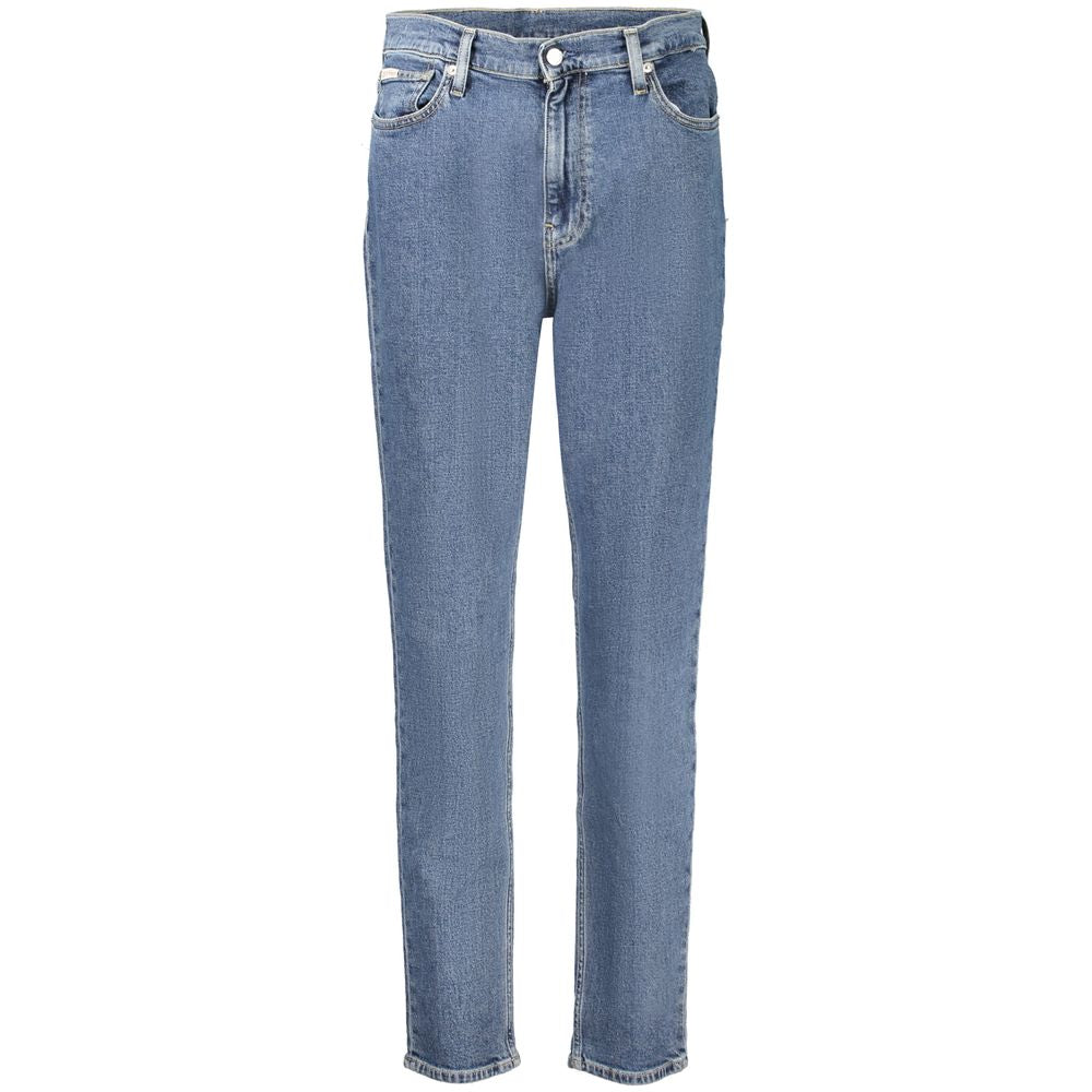 Calvin Klein blue cotton women's mom jeans, high-waisted denim with a relaxed fit and classic five-pocket style.