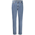 Calvin Klein blue cotton women's mom jeans, high-waisted denim with a relaxed fit and classic five-pocket style.