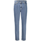 Calvin Klein blue cotton women's mom jeans, high-waisted denim with a relaxed fit and classic five-pocket style.