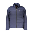 Tommy Hilfiger men's blue polyamide jacket displayed on a hanger, featuring a classic design with a front zipper and collar.