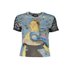 Desigual Azzurro women's polyester T-shirt with vibrant blue and colorful pattern, casual fit, and short sleeves.