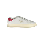 White Calvin Klein polyester men's sneaker with sleek design and breathable material, featuring lace-up closure and minimalist style.