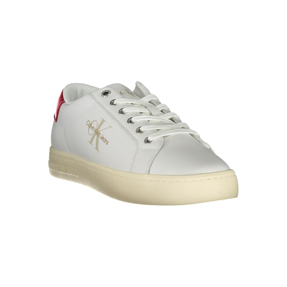 White Calvin Klein polyester men's sneaker with sleek design and casual style, featuring white laces and rubber sole.