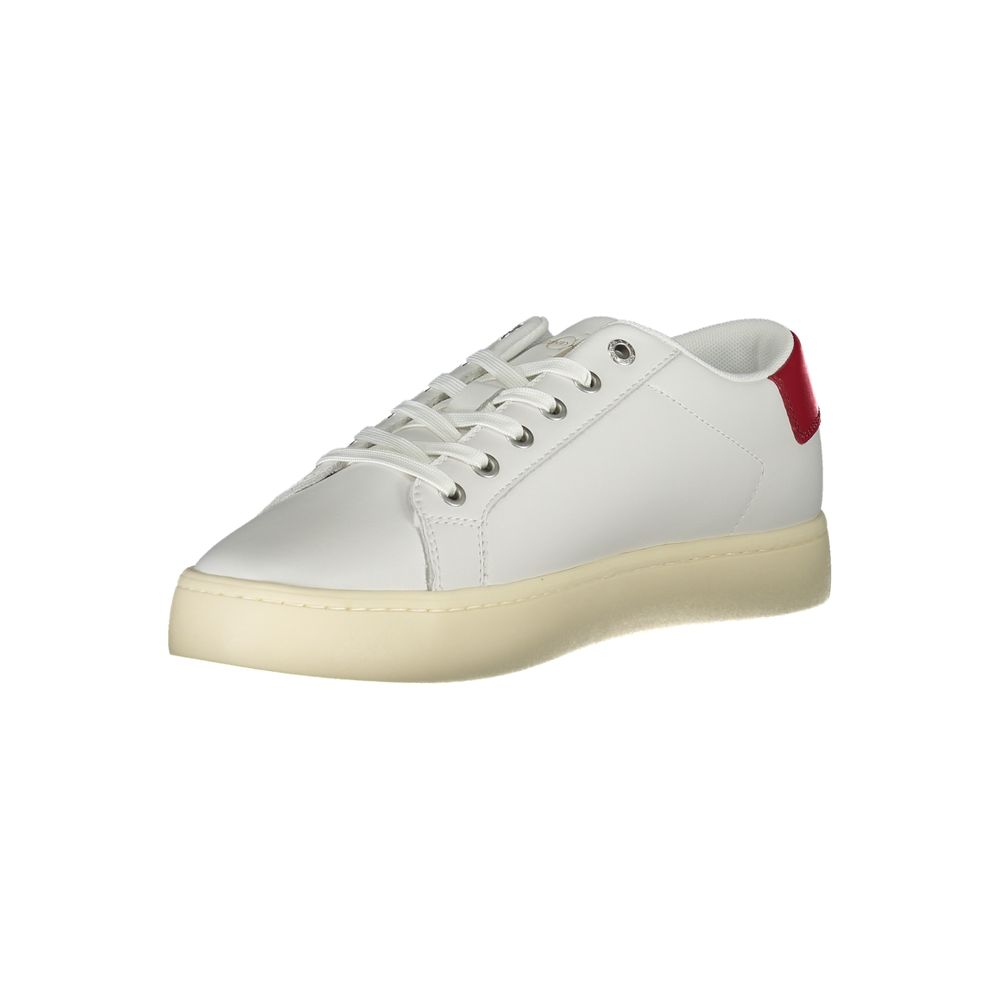 White Calvin Klein polyester men's sneaker with sleek design and white laces, casual athletic footwear.