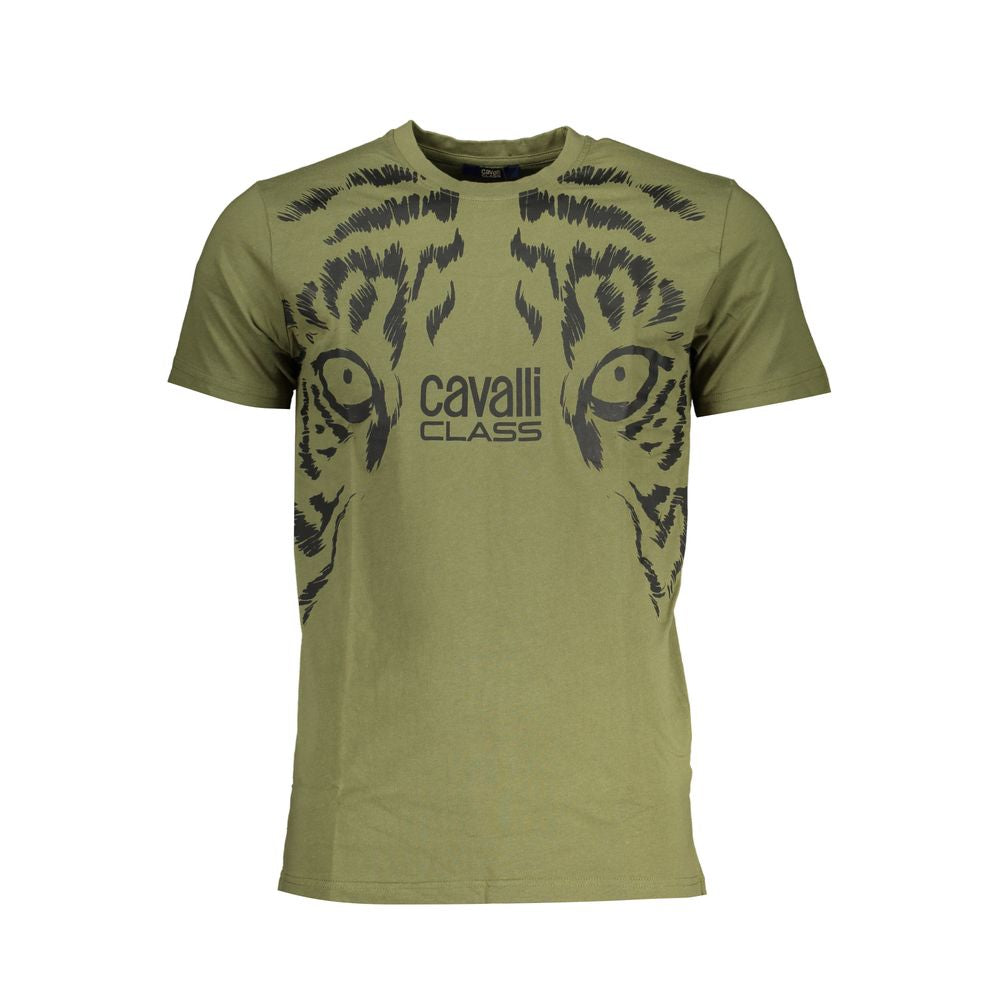 Cavalli Class Verde cotton men's T-shirt with round neckline and short sleeves, featuring a sleek, minimalist design.