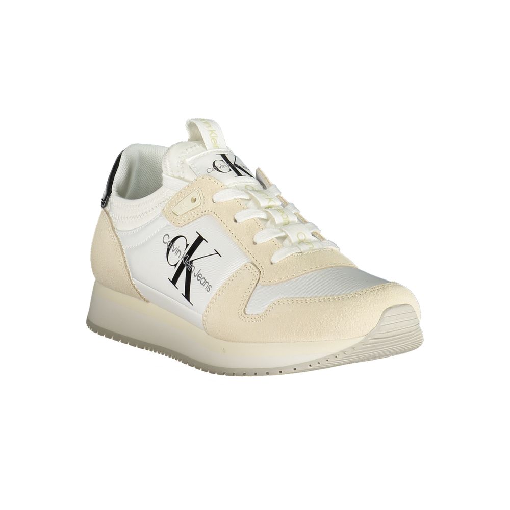Calvin Klein Bianco polyurethane women’s sneakers with white design and sporty style, featuring laces and cushioned soles.