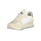 Calvin Klein Bianco polyurethane women's sneaker with white design, rounded toe, and lace-up closure.
