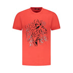 Red cotton men's T-shirt by Cavalli Class featuring a classic fit and subtle branding, displayed on a hanger.