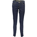 Guess Jeans Blu Donna jeans made from recycled cotton, showcasing classic five-pocket design and slim fit style.