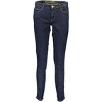 Guess Jeans Blu Donna jeans made from recycled cotton, showcasing classic five-pocket design and slim fit style.