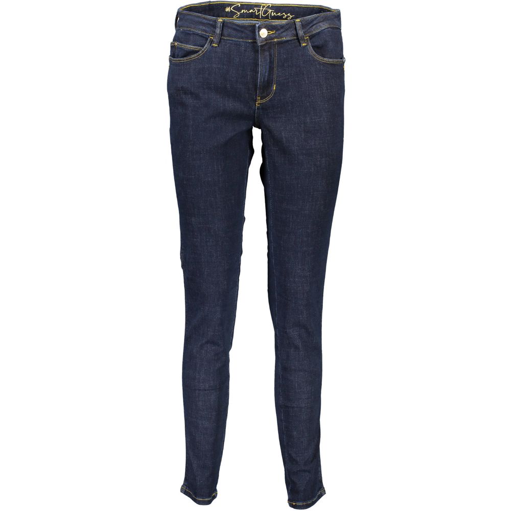 Guess Jeans Blu Donna jeans made from recycled cotton, showcasing classic five-pocket design and slim fit style.