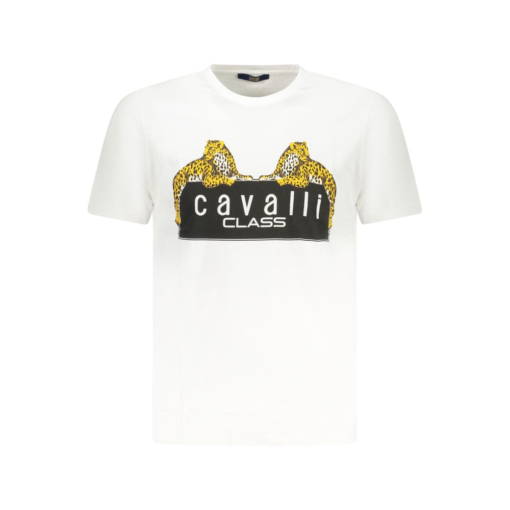 White Cavalli Class cotton men's T-shirt with a classic crew neck and short sleeves, displayed flat against a neutral background.