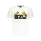 White Cavalli Class cotton men's T-shirt with a classic crew neck and short sleeves, displayed flat against a neutral background.