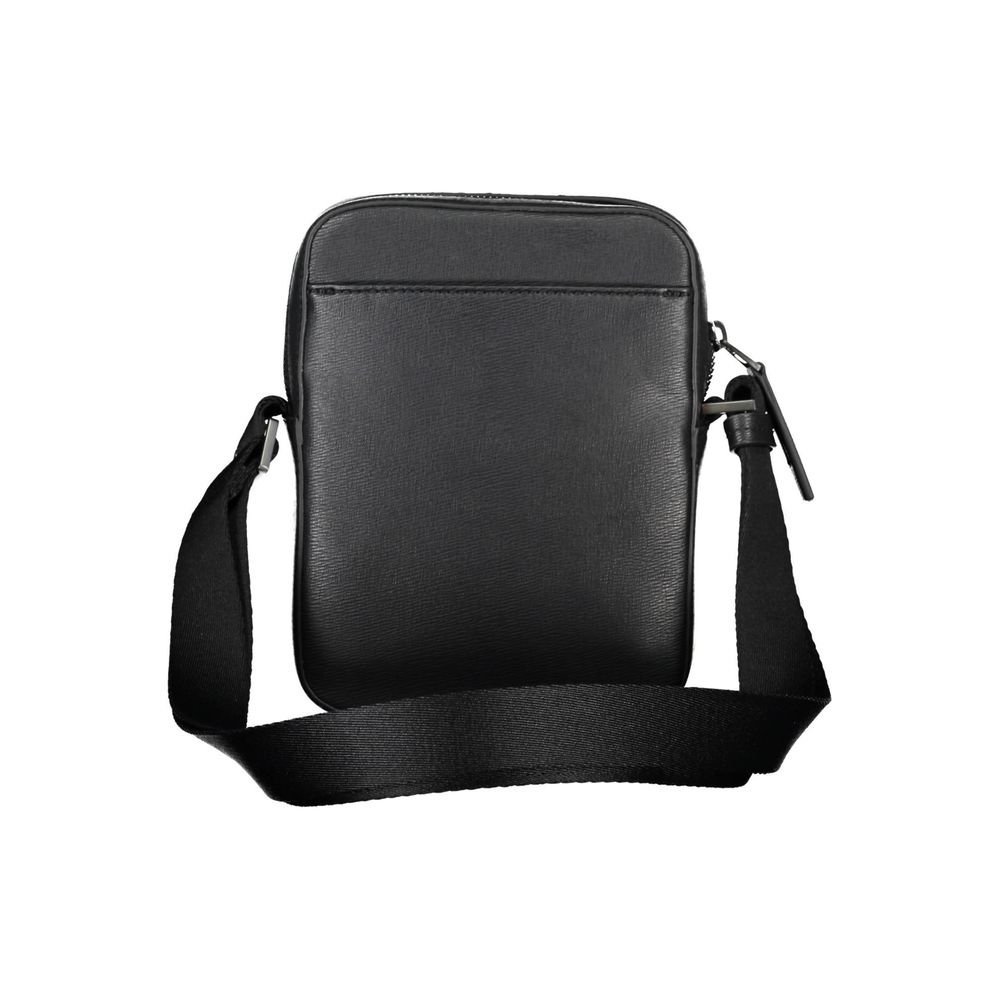 Calvin Klein black polyurethane men's shoulder bag with adjustable strap and minimalist design.
