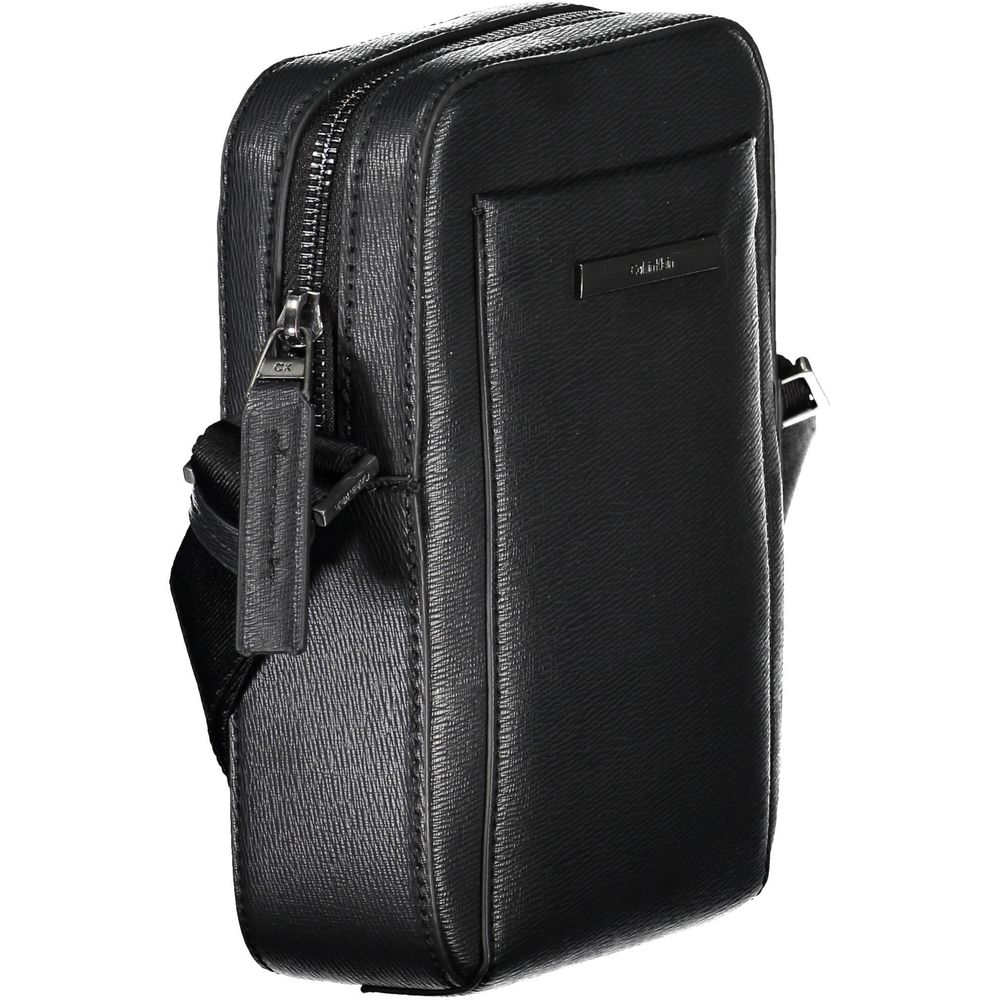 Calvin Klein black polyurethane men's shoulder bag with sleek design and adjustable strap, suitable for everyday use.
