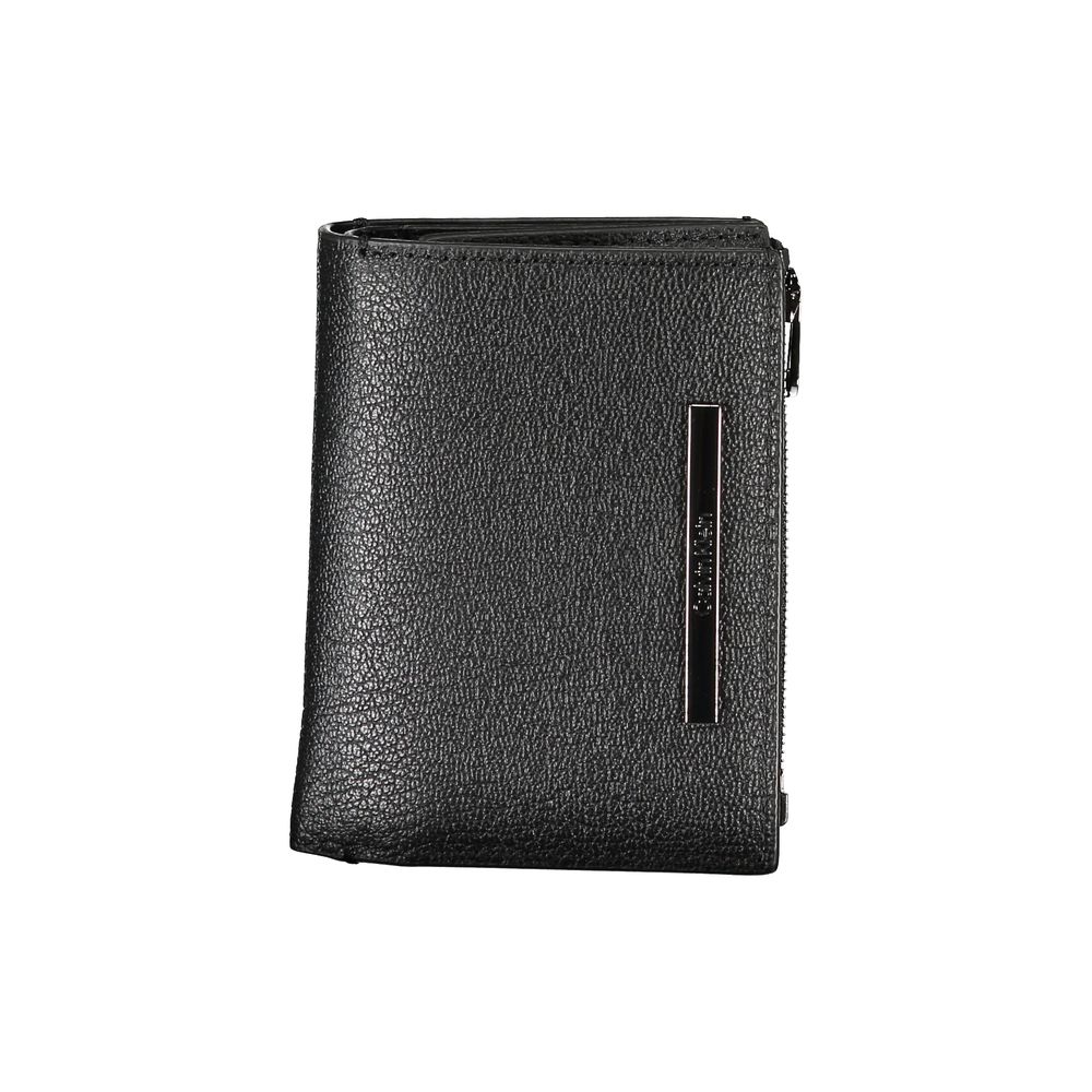 Calvin Klein black leather wallet with coin purse and sleek design, featuring card slots and compact style.