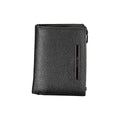 Calvin Klein black leather wallet with coin purse and sleek design, featuring card slots and compact style.