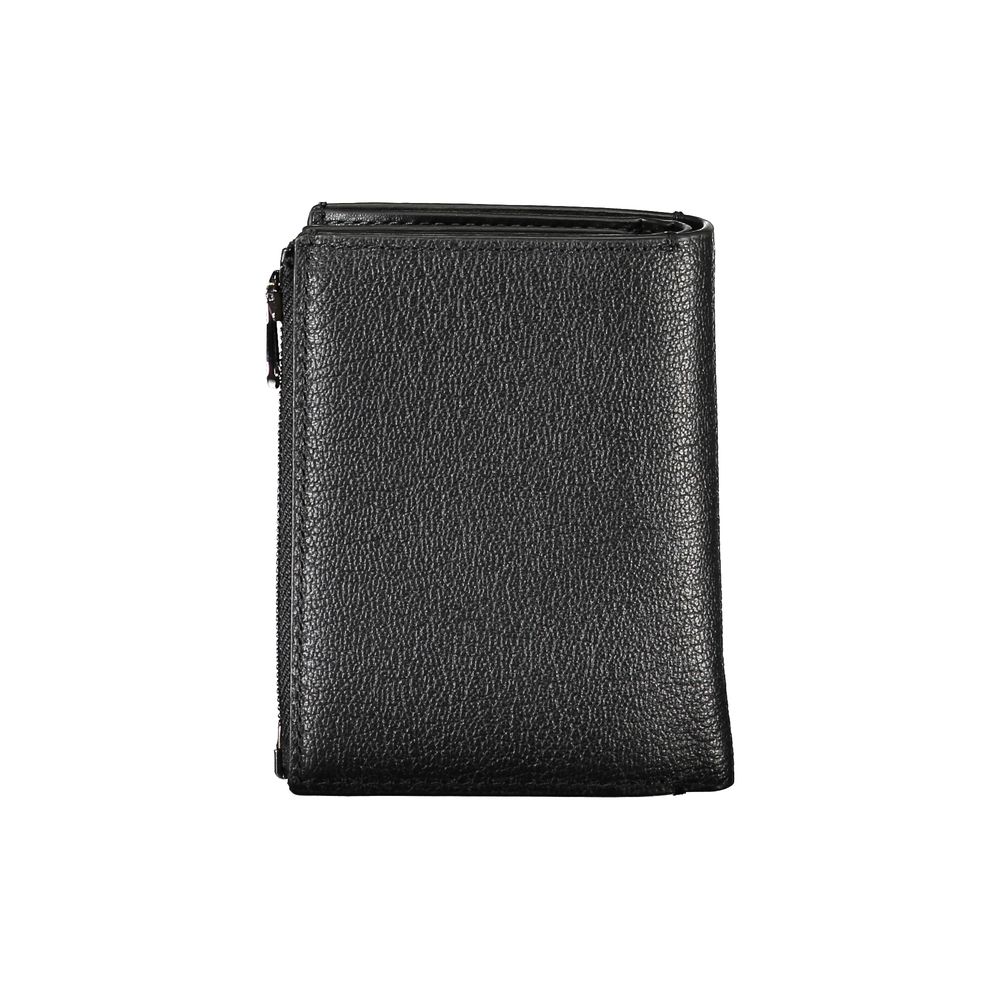 Calvin Klein sleek black leather wallet with coin purse, featuring multiple card slots and a compact design.