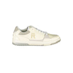 Tommy Hilfiger beige sports sneakers with unique embroidery and white rubber soles, casual athletic footwear.