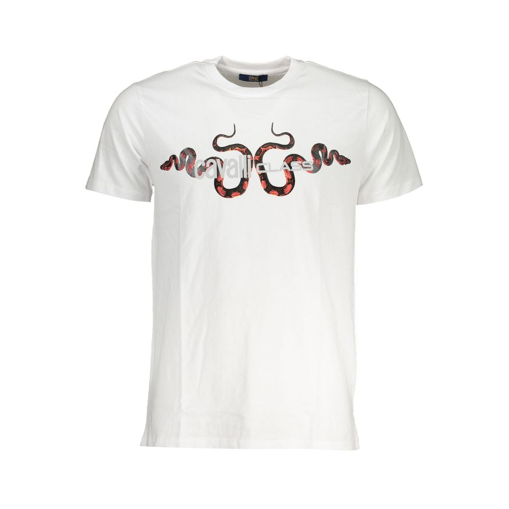 White cotton men's T-shirt by Cavalli Class, featuring a classic fit and simple design, shown on a plain background.