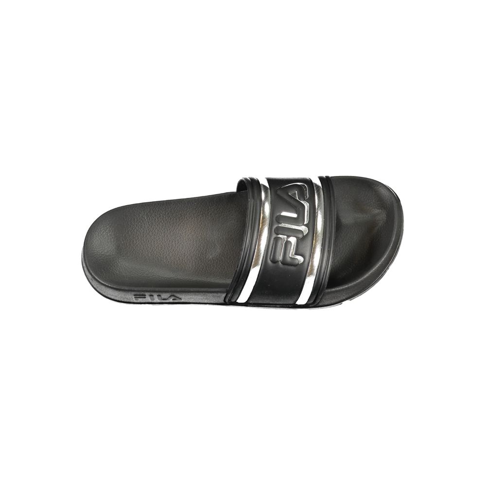 Fila black polyurethane women's slipper with open-toe design and cushioned sole, ideal for casual comfort.