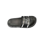 Fila black polyurethane women's slipper with open-toe design and cushioned sole, ideal for casual comfort.