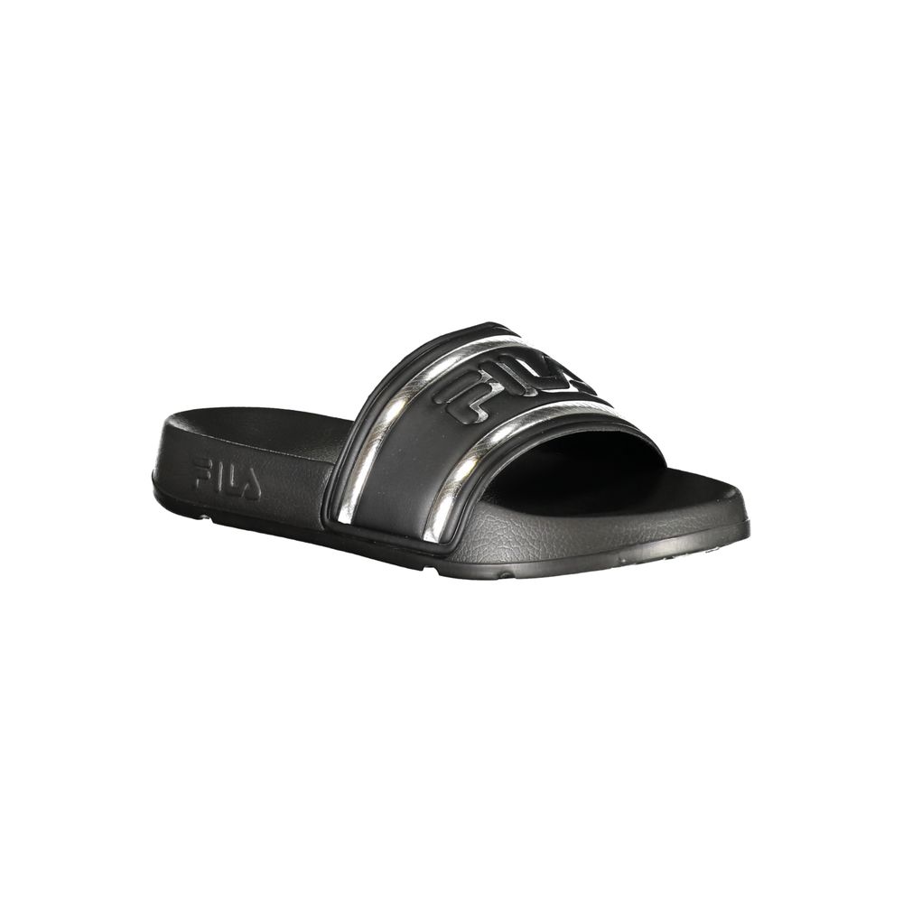 Fila black polyurethane women's slippers with cushioned soles and open-toe design, perfect for casual wear.