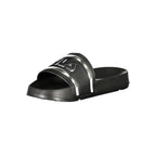Fila black polyurethane women's slipper with open toe and slip-on design, featuring a comfortable flat sole.