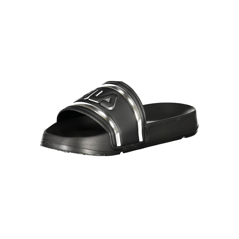 Fila black polyurethane women's slipper with open toe and slip-on design, featuring a comfortable flat sole.