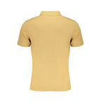 Timberland beige cotton men's polo shirt with a classic collar and short sleeves, displayed on a hanger.