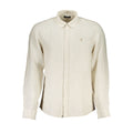 North Sails beige linen men's shirt displayed on a hanger, showcasing lightweight, breathable fabric and classic style.
