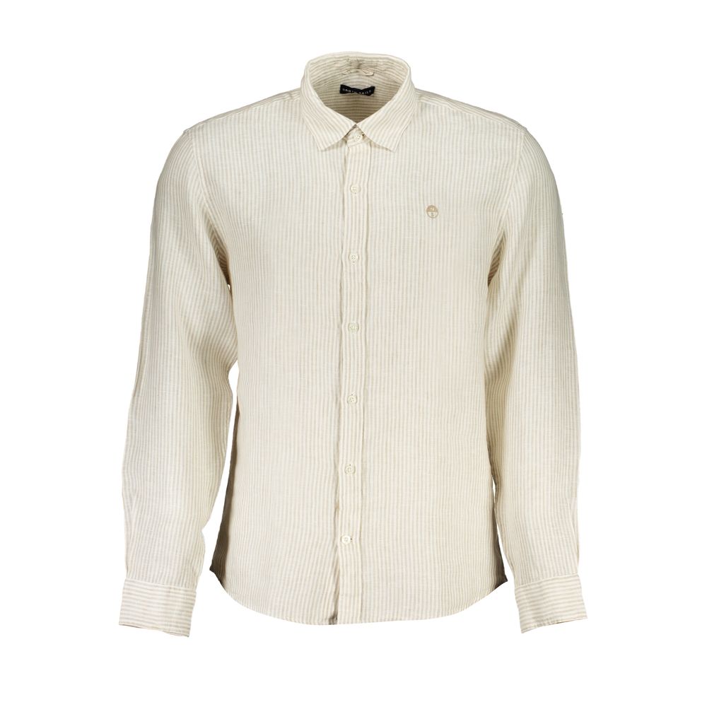 North Sails beige linen men's shirt displayed on a hanger, showcasing lightweight, breathable fabric and classic style.