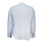 North Sails Azzurro linen men's shirt displayed on a hanger, featuring a light blue color and classic collar design.