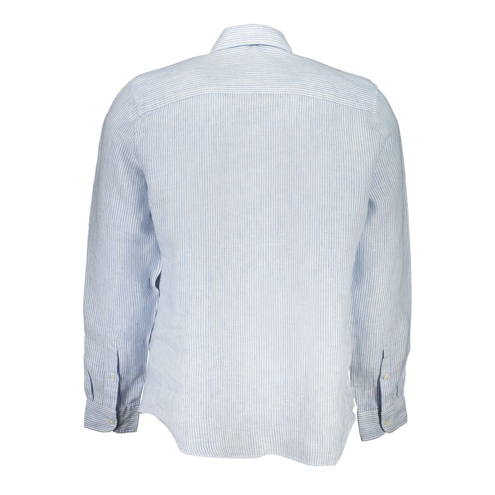 North Sails Azzurro linen men's shirt displayed on a hanger, featuring a light blue color and classic collar design.