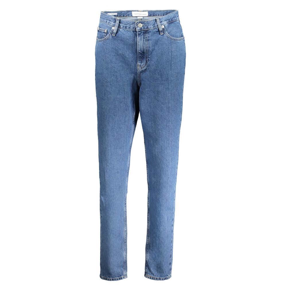 Calvin Klein Blu cotton women's jeans with classic five-pocket style and slim fit, displayed on a white background.