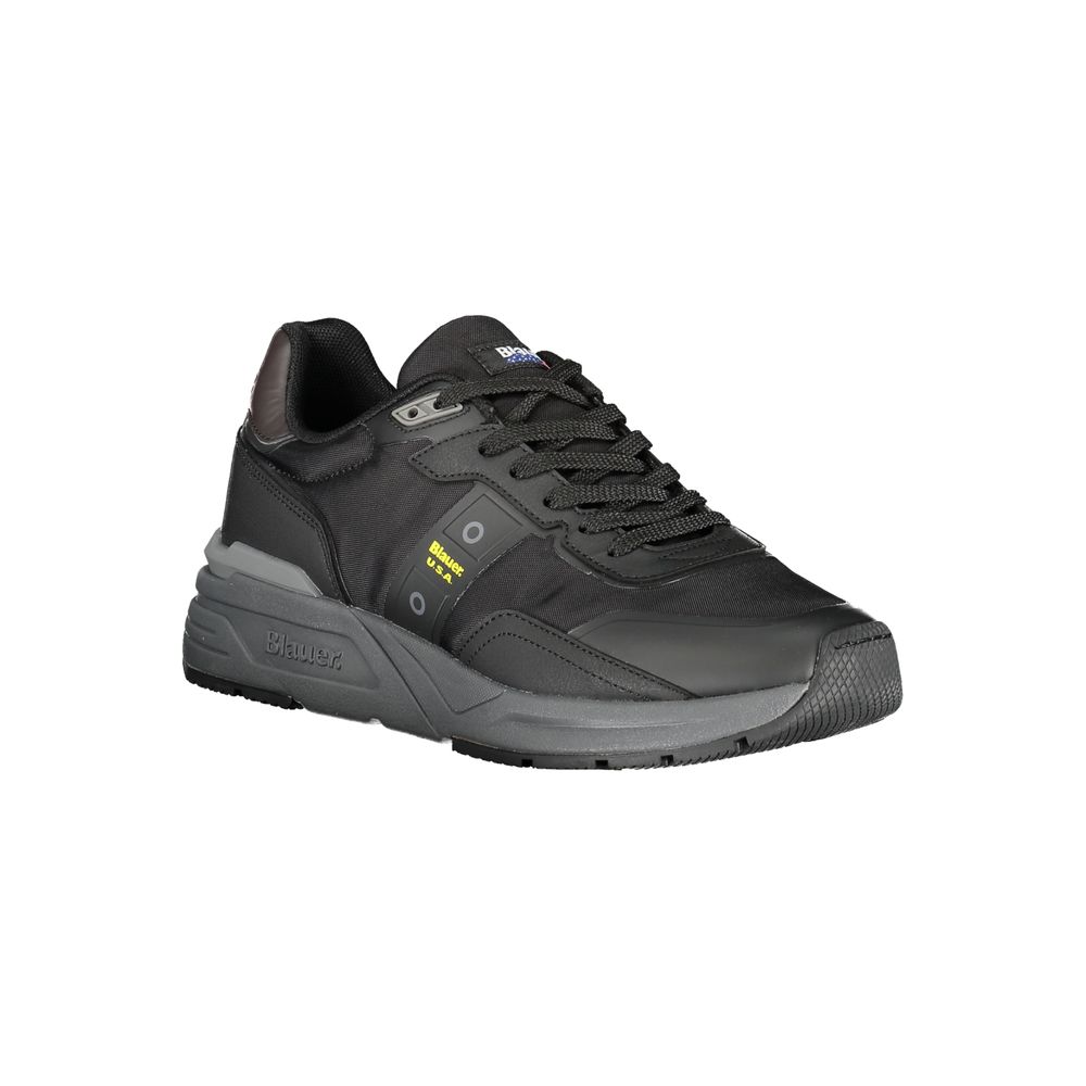 Black polyurethane men's sneaker by Blauer with a sleek design and lace-up closure, shown from a side view.