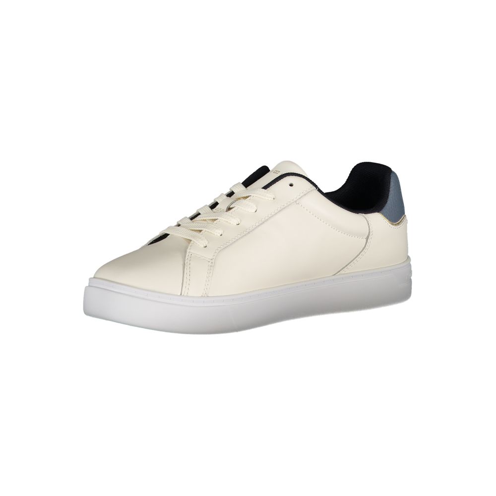 Beige leather women's sneaker by Tommy Hilfiger with white sole and subtle branding, stylish and comfortable footwear.
