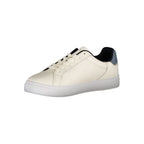 Beige leather women's sneaker by Tommy Hilfiger with white sole and subtle branding, stylish and comfortable footwear.