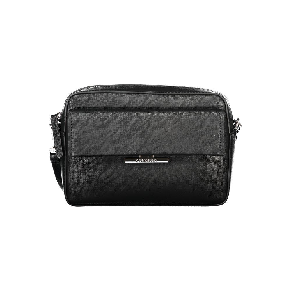 Calvin Klein black polyurethane women's shoulder bag with sleek design and shoulder strap, stylish and versatile accessory.
