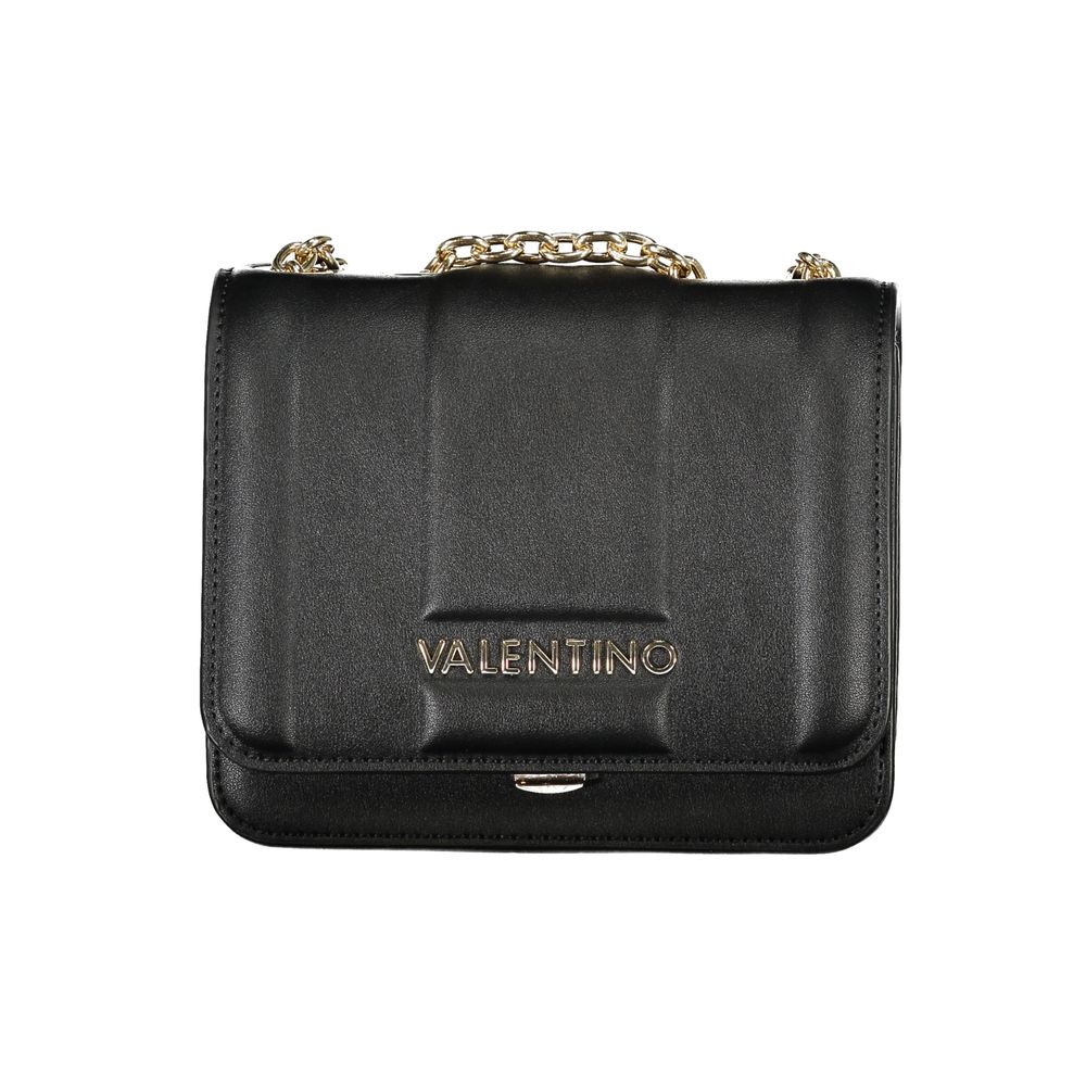 Mario Valentino black polyurethane women's bag with sleek design and silver-tone hardware, featuring a top handle and spacious interior.