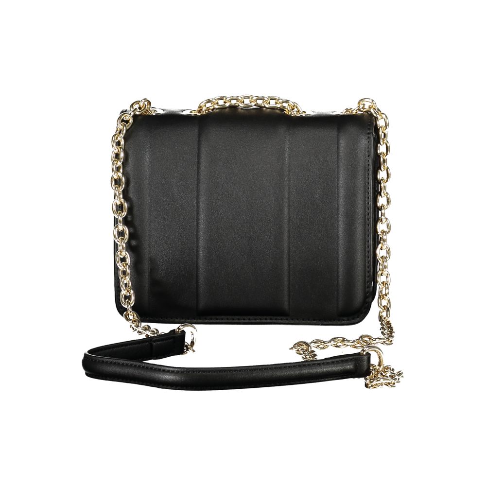 Black Mario Valentino women's polyurethane bag with sleek design and silver-tone hardware, featuring top handles and a structured shape.