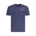Blue organic cotton men's T-shirt by Fila with a classic fit and subtle logo detail, shown laid flat.