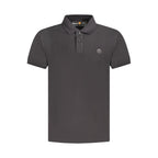 Black Timberland men's cotton polo shirt displayed on a hanger, featuring a classic collar and short sleeves.