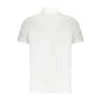 Calvin Klein white cotton men's polo shirt with a classic collar and short sleeves, displayed on a hanger.