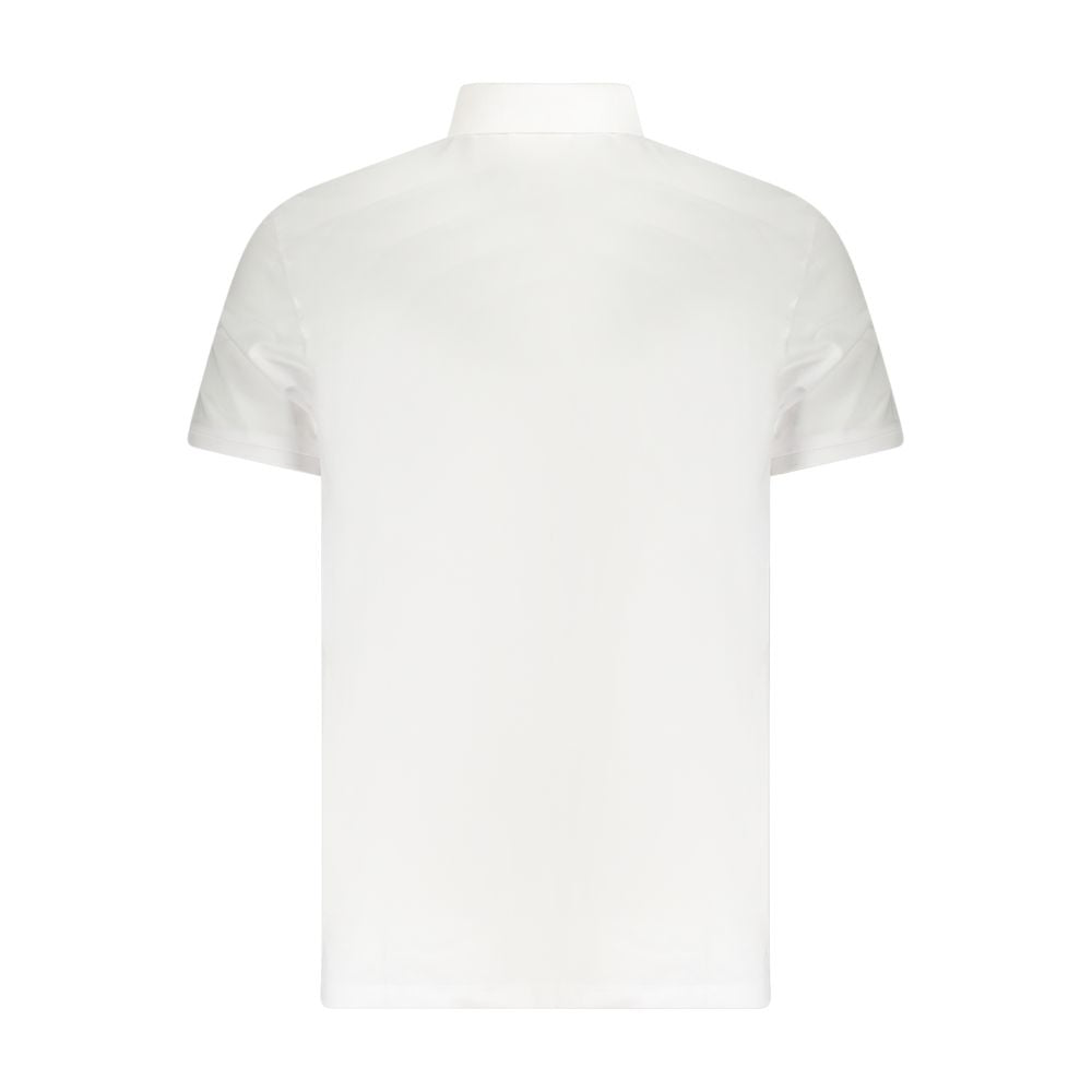 Calvin Klein white cotton men's polo shirt with a classic collar and short sleeves, displayed on a hanger.