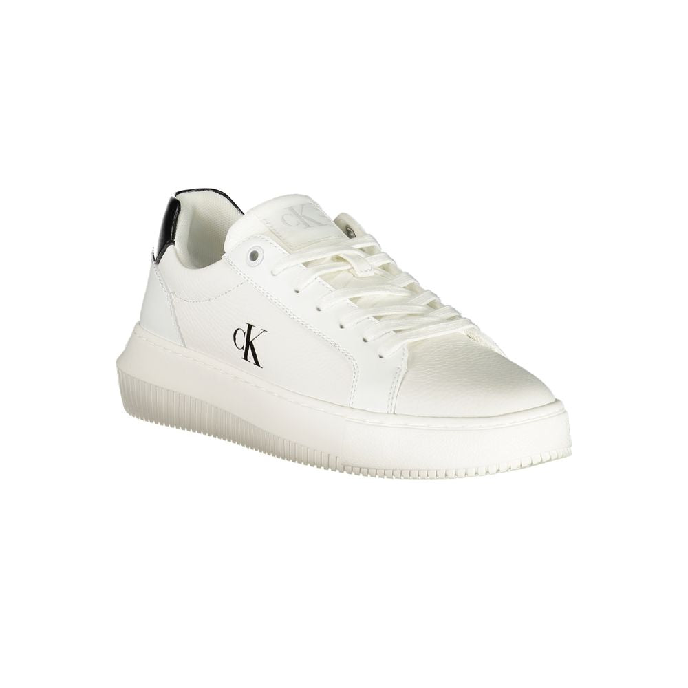 Calvin Klein Bianco white polyurethane women's sneaker with sleek design and lace-up closure, shown from side view.