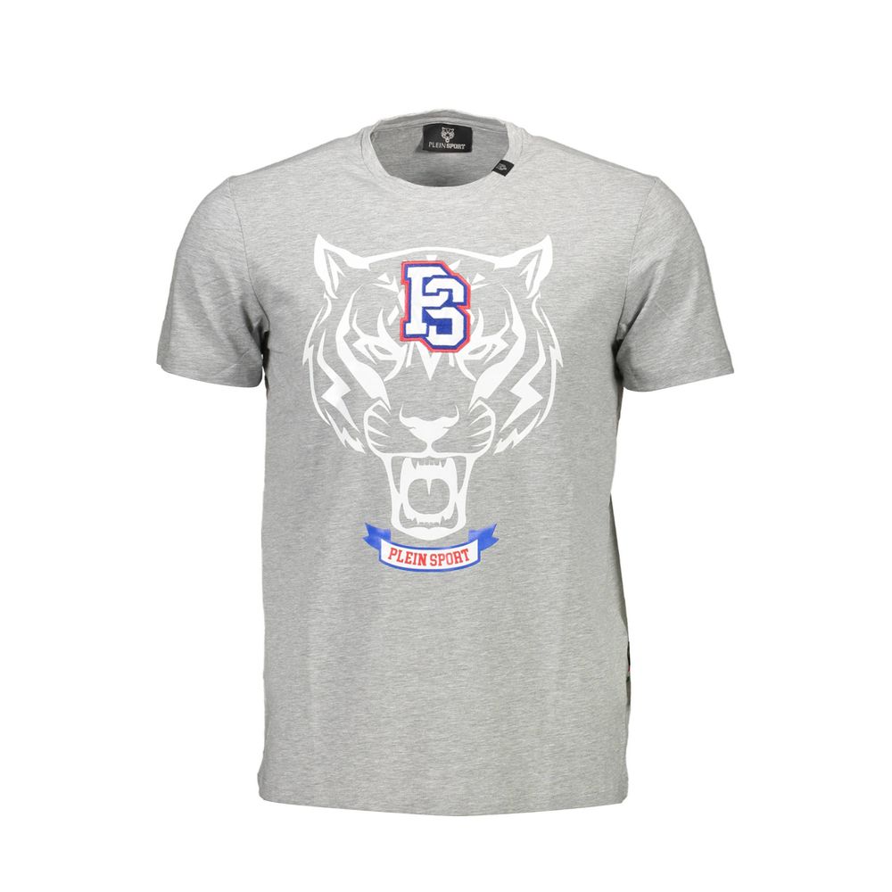 Plein Sport gray cotton men's T-shirt with crew neck and short sleeves, casual athletic style.